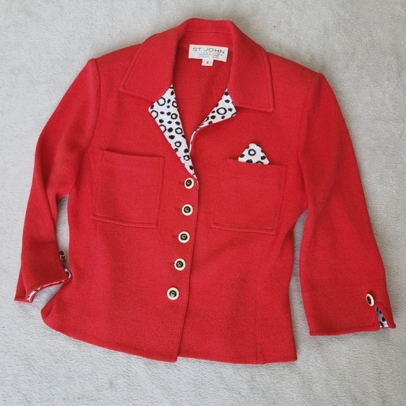 ST JOHN Blazer Red Vintage Marie Gray Collection Polka Dot Cheetah Trim 2 XS - Picture 4 of 15